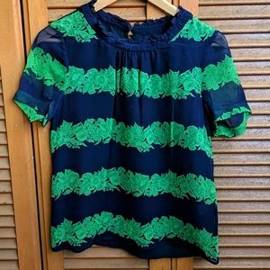 J. Crew Sheer Ruffles Green/Navy Top